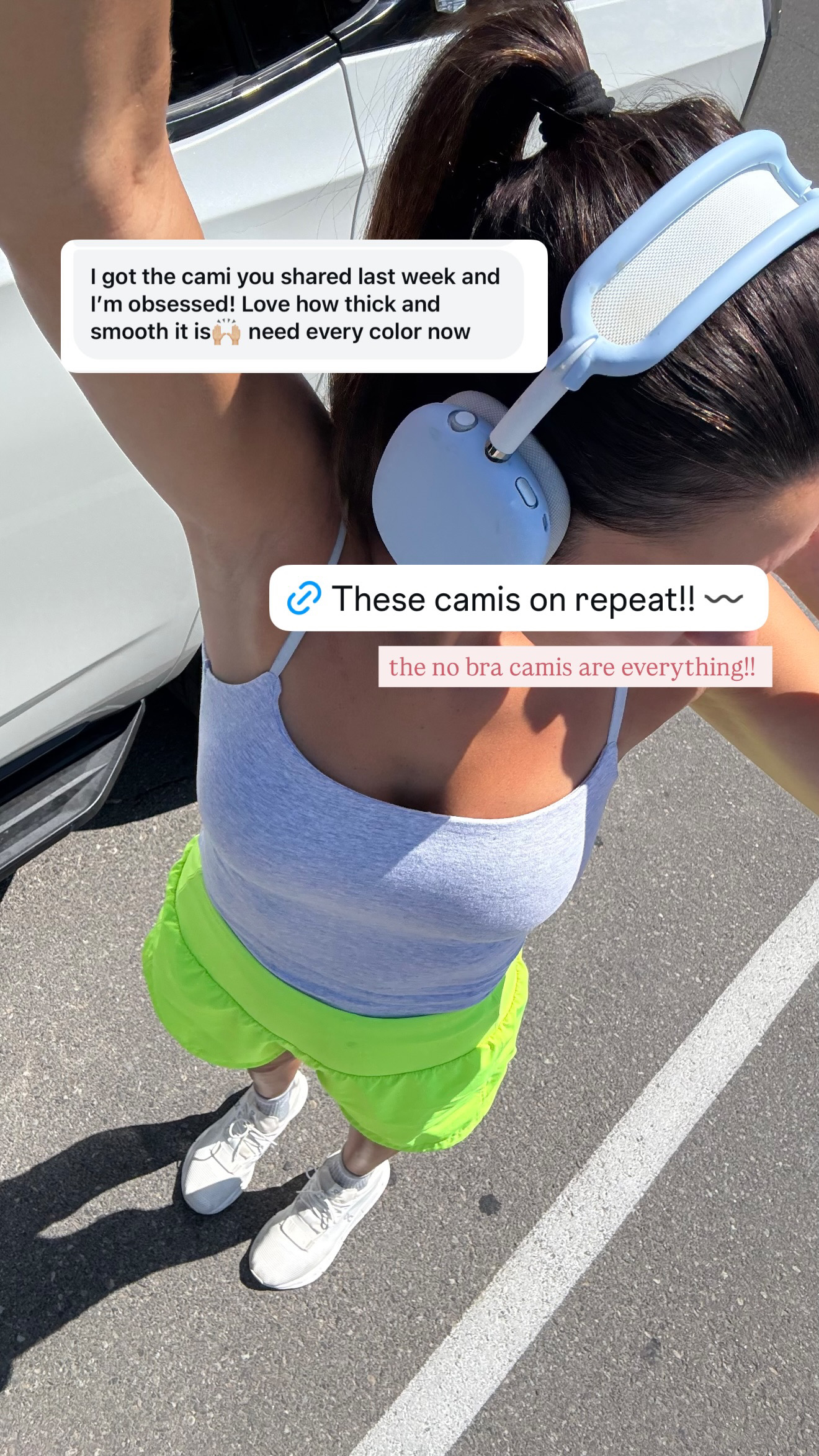 Christine Andrew workout outfit in abercrombie cami and amazon shorts