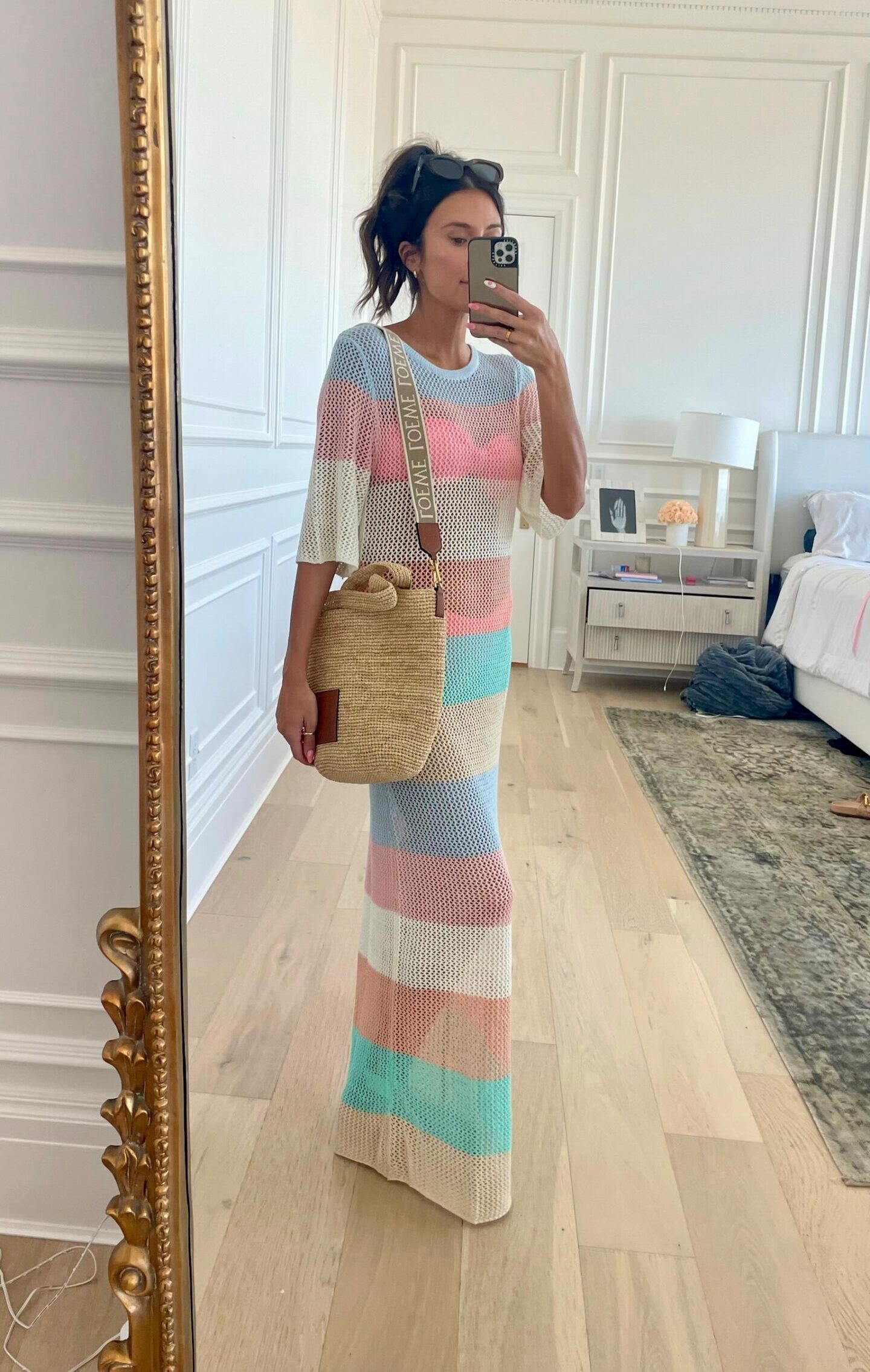 Christine Andrew in colorful crochet swimsuit coverup from amazon